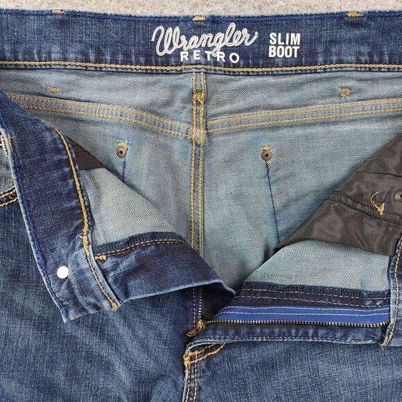 Wrangler Jeans Mens 36x38 Blue Retro Slim Boot Stretch Denim Western Bootcut - Picture 3 of 12
